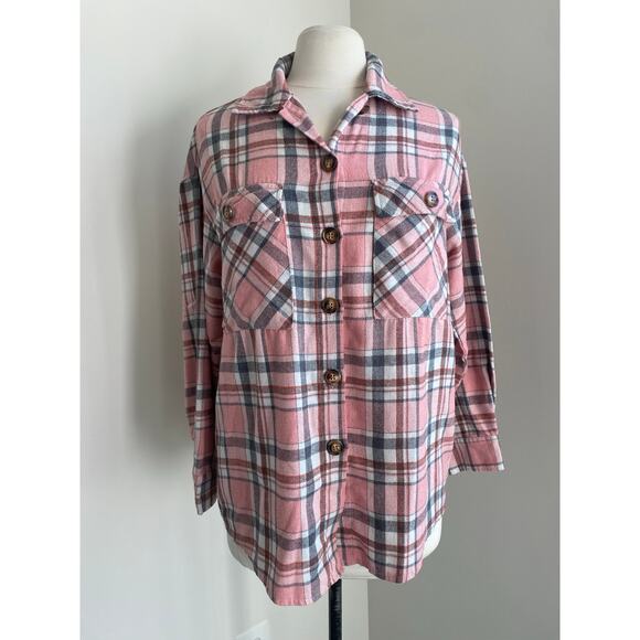 UNBRANDED Flannel Shirt Womens Sz Small Pink Grey Button Down Campcore Cabin - Picture 1 of 5